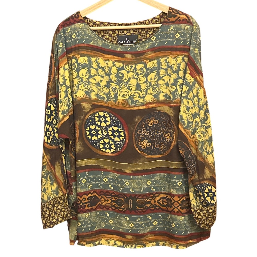 Vintage 90s Carole Little Retro Boho Mixed Print Blouse Bohemian Artsy 120343F